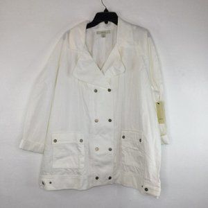 Sejour Jacket Women 2X White Solid Snap Button Pocket Collared 3/4 Sleeve Cotton